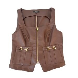 7 For All Mankind Brown Faux Leather Vest Houndstooth Size M Equestrian Academia